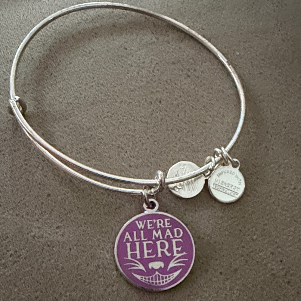 Alex and Ani Silver Bracelet with Purple Charm. Alice in wonderland Madhatter